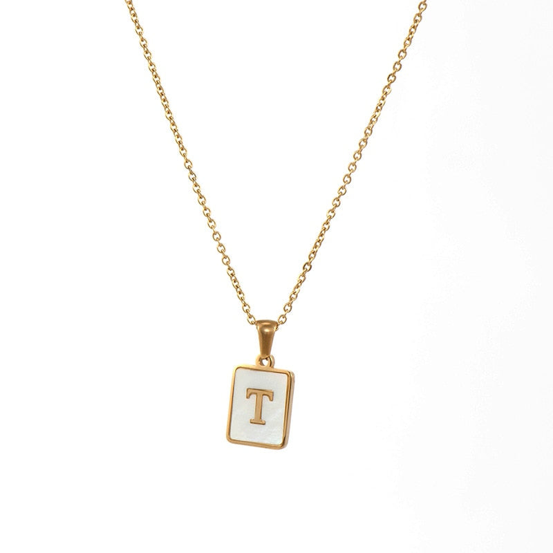 18K Golden Chain Necklaces Male Square Natural Shell Initial Letters Pendant Stainless Steel Jewelry - MERGE.DAY.1.FREESTYLE