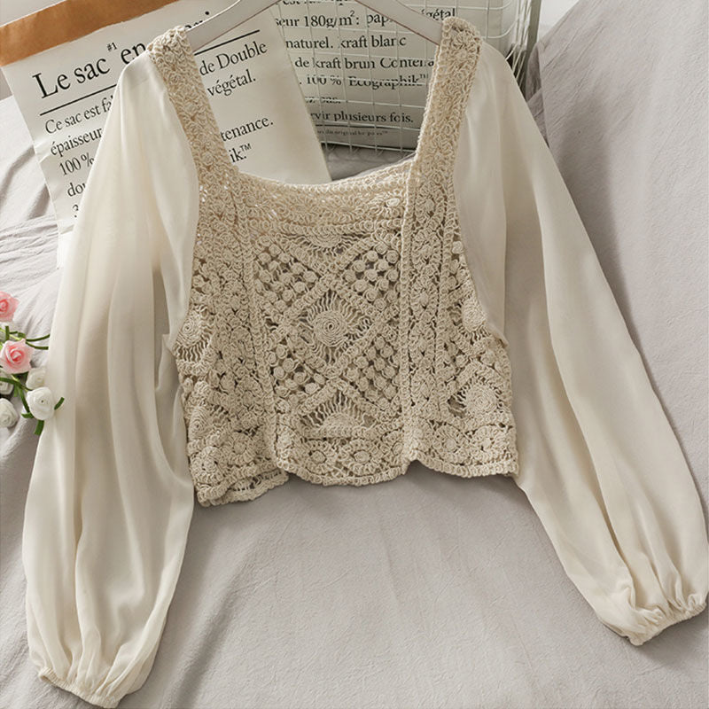 Vintage Women Thin Shirts Hollow Puff Sleeve Square Collar Slim Blouses Ladies Tops - MERGE.DAY.1.FREESTYLE