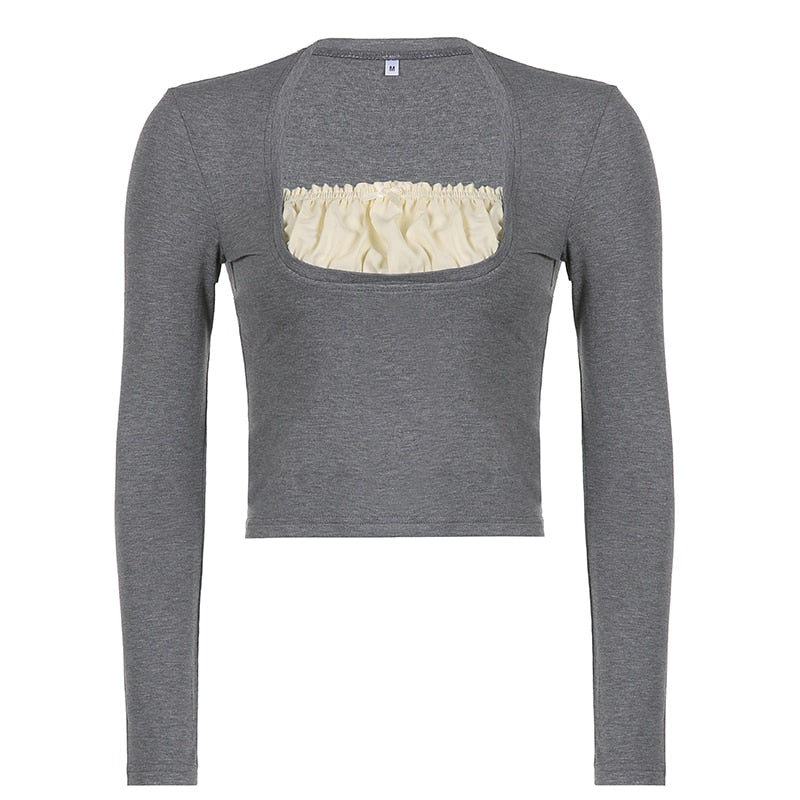 Patchwork Slim Tops Tee Long Sleeves Square Collar Retro Casual Tshirts - MERGE.DAY.1.FREESTYLE