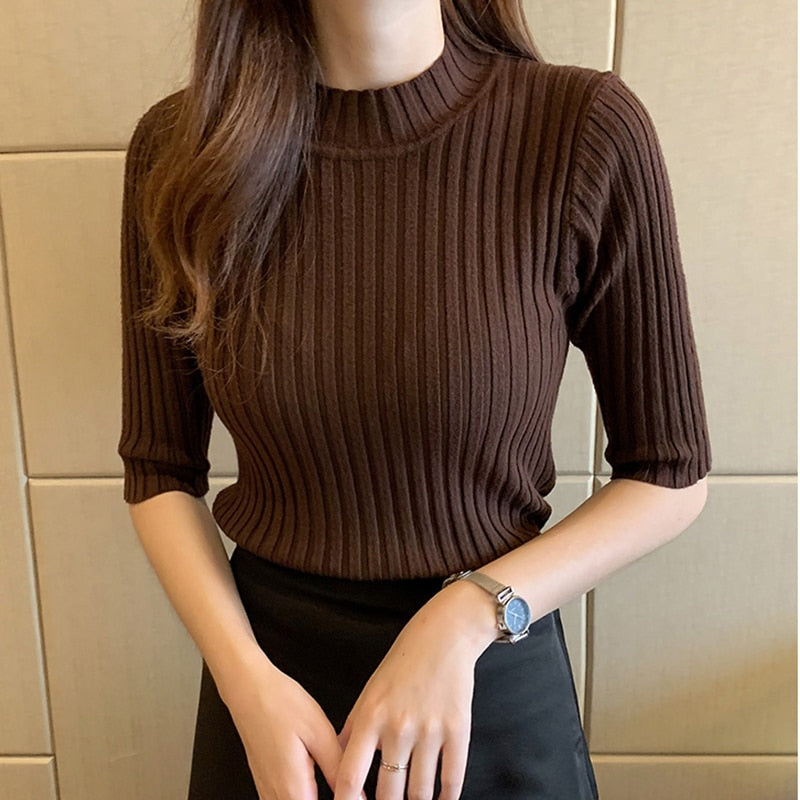 Knitted T Shirt Women Short Sleeve Basic Woman T-shirt Femme Elasticity Poleras - MERGE.DAY.1.FREESTYLE
