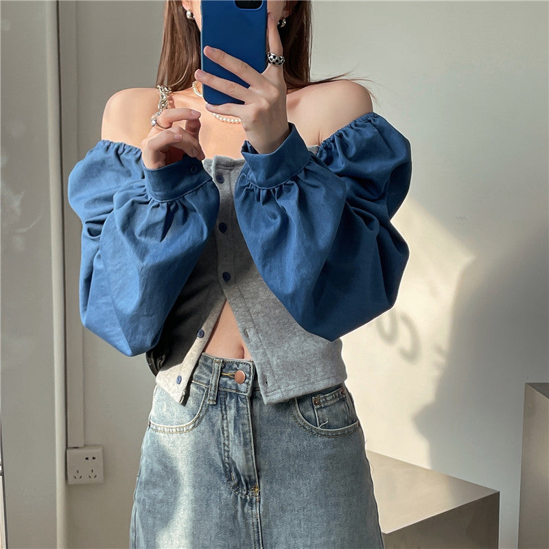 Patchwork Denim Shirts Women French Square Collar Puff Blouses Long Sleeve Crop Tops - MERGE.DAY.1.FREESTYLE