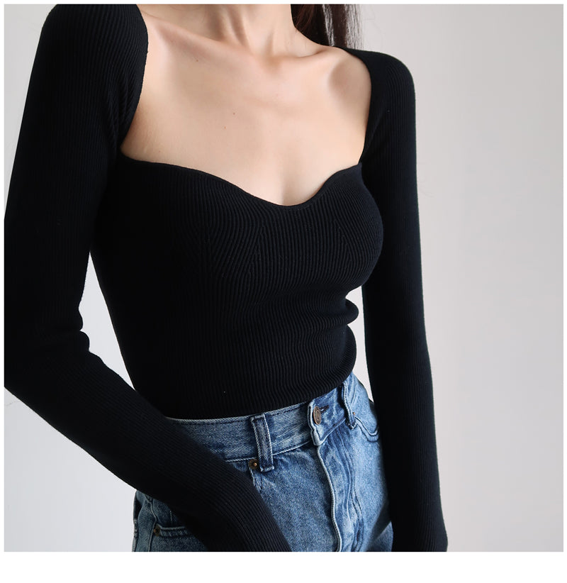 French Vintage Square Neck Knitted Tops Women Skinny Long Sleeve Pullover T-shirts Female - MERGE.DAY.1.FREESTYLE