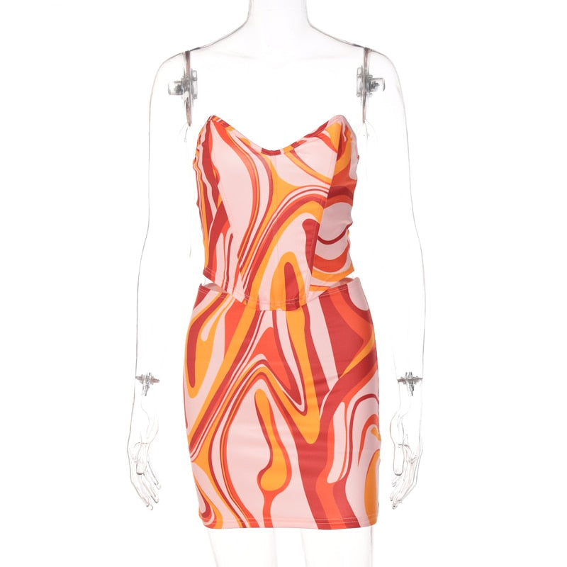 Print Off Shoulder Sleeveless Colorful Crop Top Mini Dress 2 Pieces Suit - MERGE.DAY.1.FREESTYLE