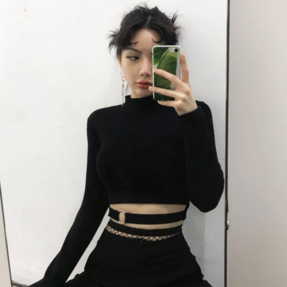 Women Slim Short T-shirt Sexy Tight Turtleneck Long Sleeve Goth Crop Top - MERGE.DAY.1.FREESTYLE