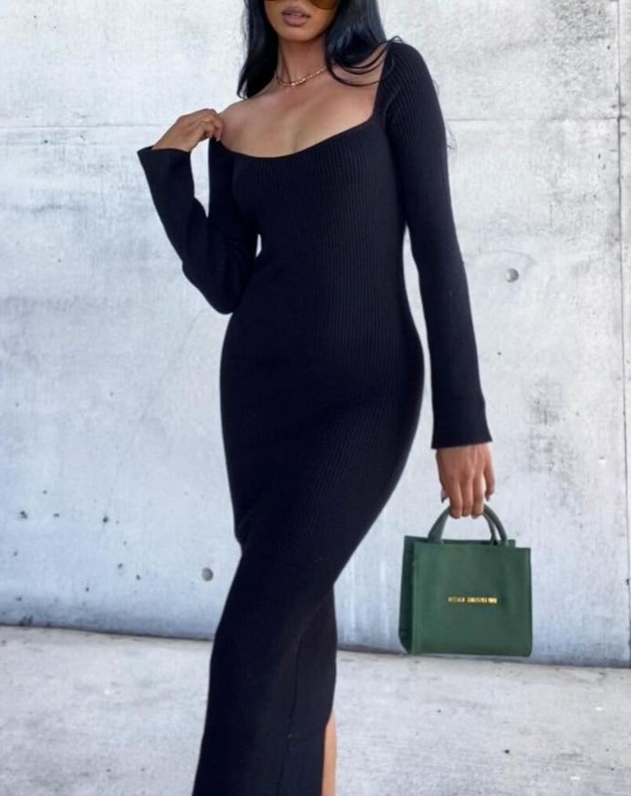 2022 Knitted Green Midi Sexy Bodycon Women Dress Spring Long Sleeve Off Shoulder Split Sweater Dresses - MERGE.DAY.1.FREESTYLE