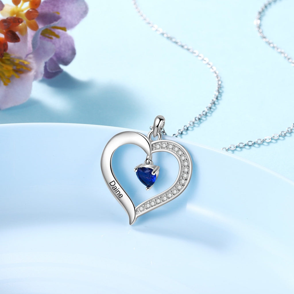 Personalized Heart Name Necklace with 1-8 Engraving Birthstone Pendant - MERGE.DAY.1.FREESTYLE
