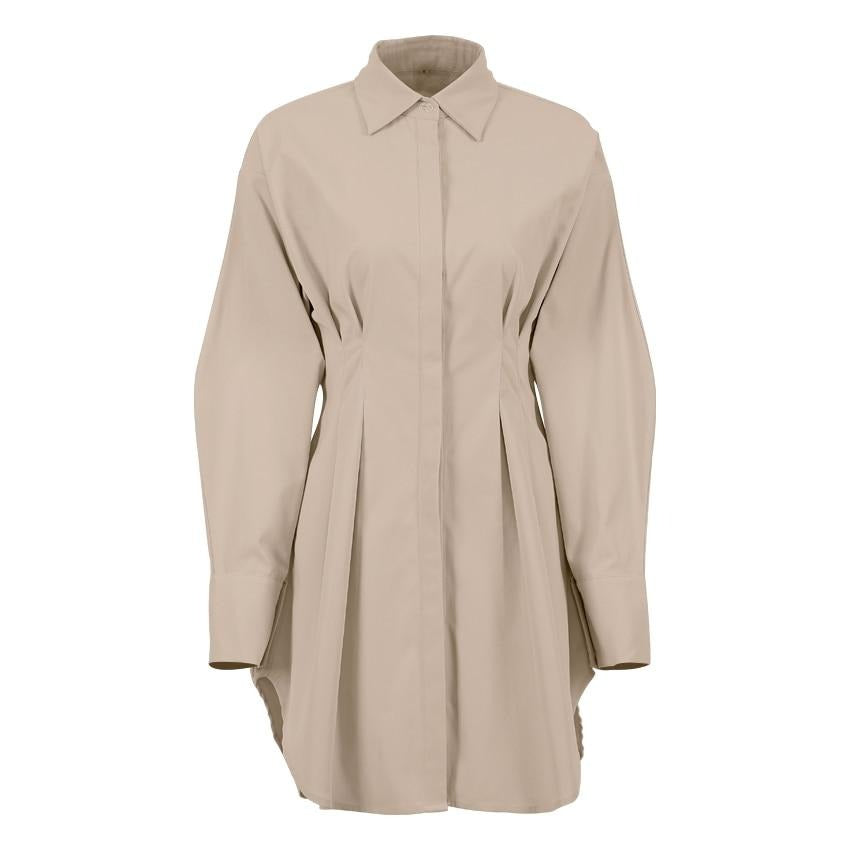 Autumn Winter Bodycon Dress Women Long Sleeve Khaki Pleated Shirt Midi Dresss - MERGE.DAY.1.FREESTYLE