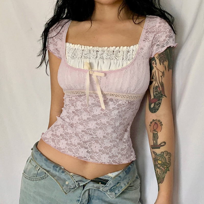 Trim Crop Top Bow Cute Sweet T Shirt Women Retro Short Sleeve Lace Patched Tshirt - MERGE.DAY.1.FREESTYLE