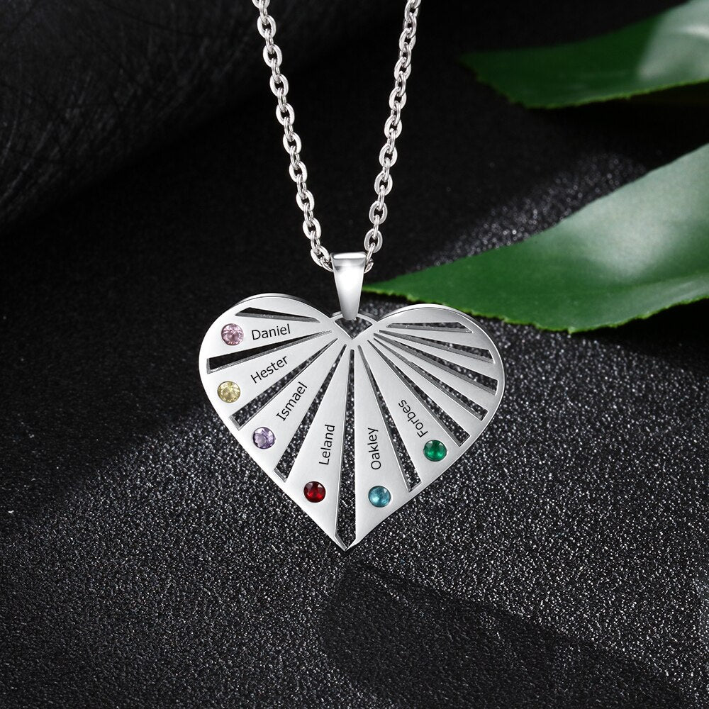 Personalized 6 Birthstones Necklaces for Women Custom Name Heart Stainless Steel Pendant - MERGE.DAY.1.FREESTYLE