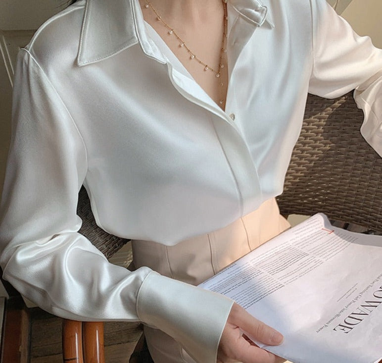 Full Sleeve Ladies Satin Blouses Blusas Single-breasted Loose Women Shirts - MERGE.DAY.1.FREESTYLE