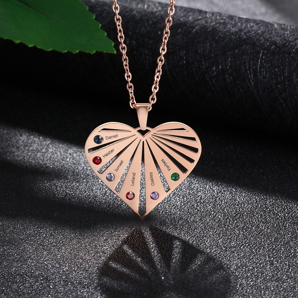 Personalized 6 Birthstones Necklaces for Women Custom Name Heart Stainless Steel Pendant - MERGE.DAY.1.FREESTYLE