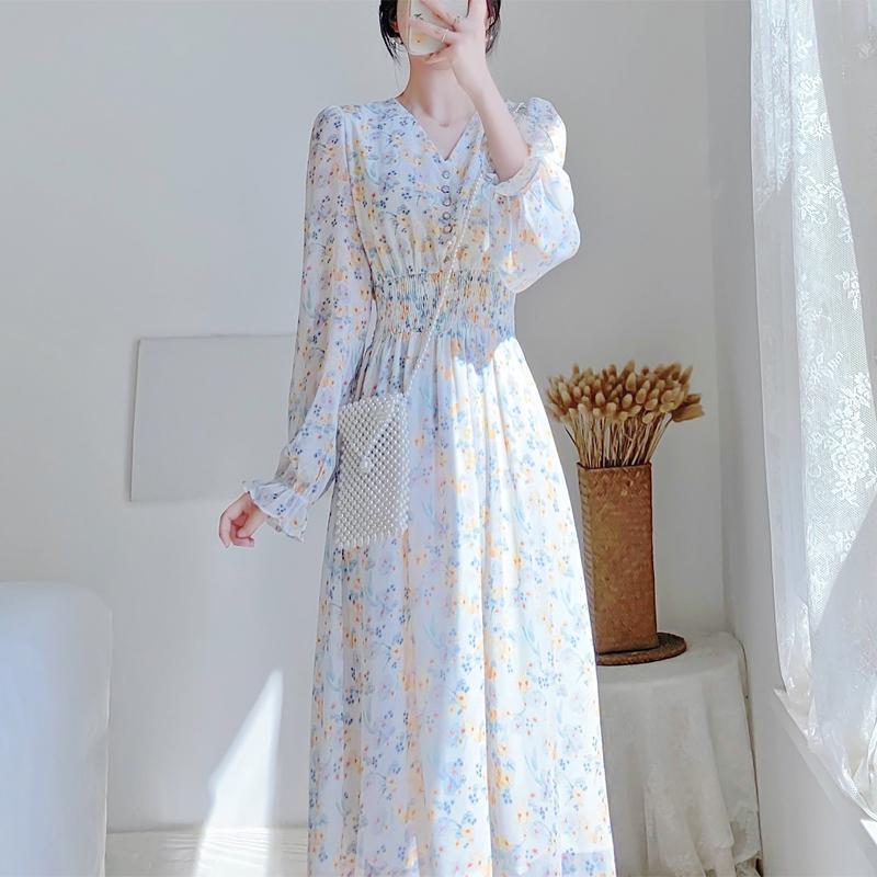 V-neck Chiffon Floral Dress Women Spring Summer Fairy Long Dresses Female - MERGE.DAY.1.FREESTYLE
