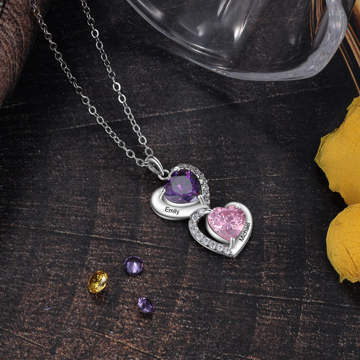 925 Sterling Silver Heart Necklace with 2 Birthstone Cubic Zirconia Custom Name Pendant - MERGE.DAY.1.FREESTYLE