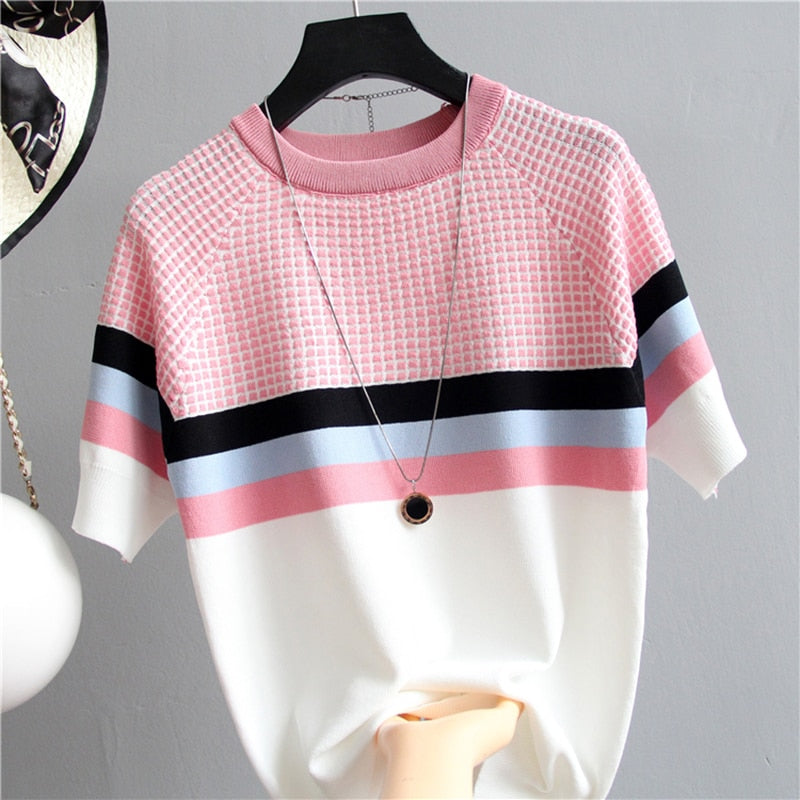 Thin Knitted T Shirt Women Short Sleeve Summer Tops Woman Clothes Striped Fashion T-Shirt - MERGE.DAY.1.FREESTYLE