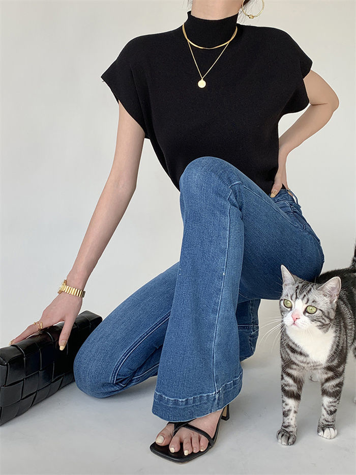 French Turtleneck Knitted Women Spring Summer Design Loose Short Sleeve Cropped Tops Female - MERGE.DAY.1.FREESTYLE