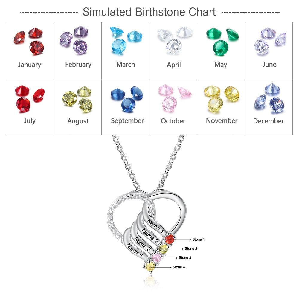 Personalized Family Heart Pendant Necklace with 2-6 Birthstones Name Necklace - MERGE.DAY.1.FREESTYLE
