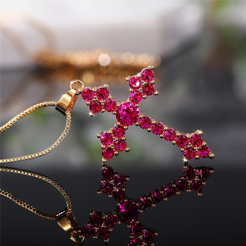 Cross Necklace Fashion White/Rose Red/Green Blue for Women Shiny Stylish Party Accessories - MERGE.DAY.1.FREESTYLE