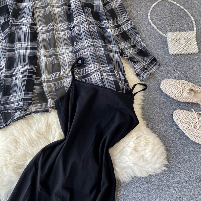 Two Piece Set Long Sleeve Plaid Grey Overcoats Spaghetti Strap Slim Dress - MERGE.DAY.1.FREESTYLE