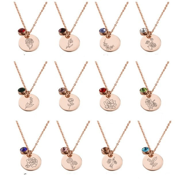 Stainless Steel Birth Flower Necklaces Birthstone Choker Necklace - MERGE.DAY.1.FREESTYLE