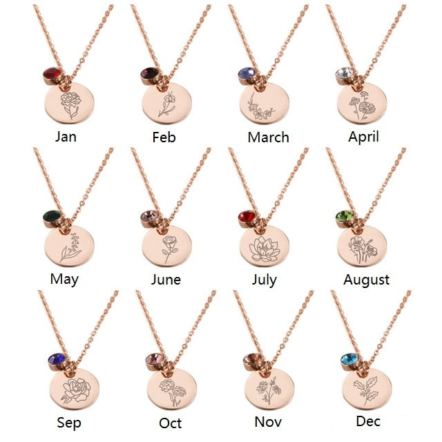 Stainless Steel Birth Flower Necklaces Birthstone Choker Necklace - MERGE.DAY.1.FREESTYLE