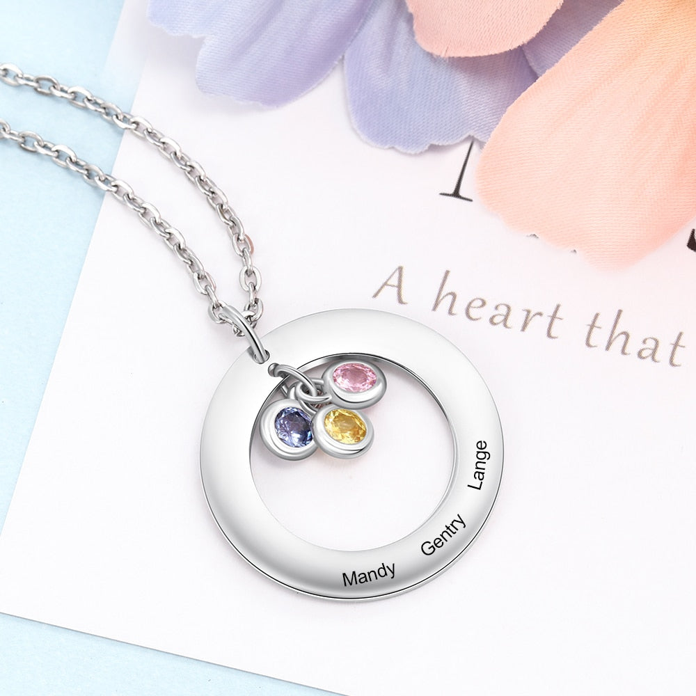 Circle Necklace with 1-3 Birthstones Custom Round Pendant Name Necklace - MERGE.DAY.1.FREESTYLE