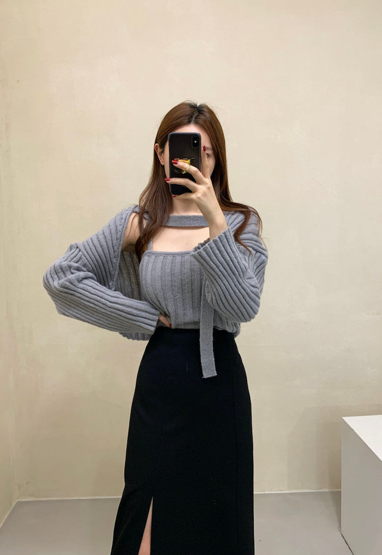 Camisole Knitted Cardigans Women Two Piece Sets 2021 Autumn Sweater Jacket Woman - MERGE.DAY.1.FREESTYLE