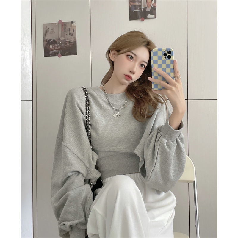 Autumn Two Piece Suit Hoodies Women Loose Bat Sleeve Tops Fashion Popular Crop Sweatshirts+Camis - MERGE.DAY.1.FREESTYLE