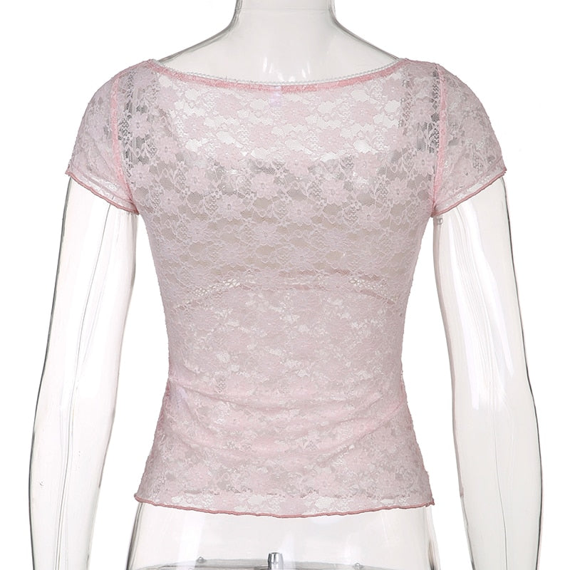 Trim Crop Top Bow Cute Sweet T Shirt Women Retro Short Sleeve Lace Patched Tshirt - MERGE.DAY.1.FREESTYLE
