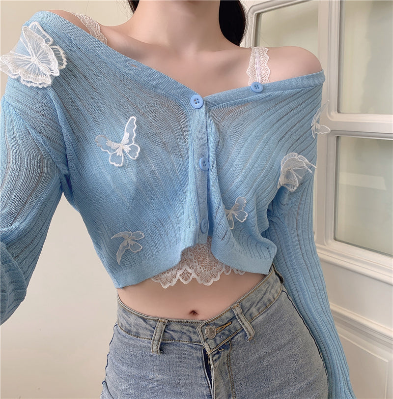 Butterfly Knit Cardigans Women V-Neck Crop Tops Ladies Summer Thin Long Sleeved - MERGE.DAY.1.FREESTYLE