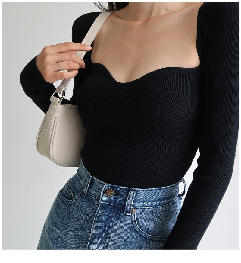 French Vintage Square Neck Knitted Tops Women Skinny Long Sleeve Pullover T-shirts Female - MERGE.DAY.1.FREESTYLE