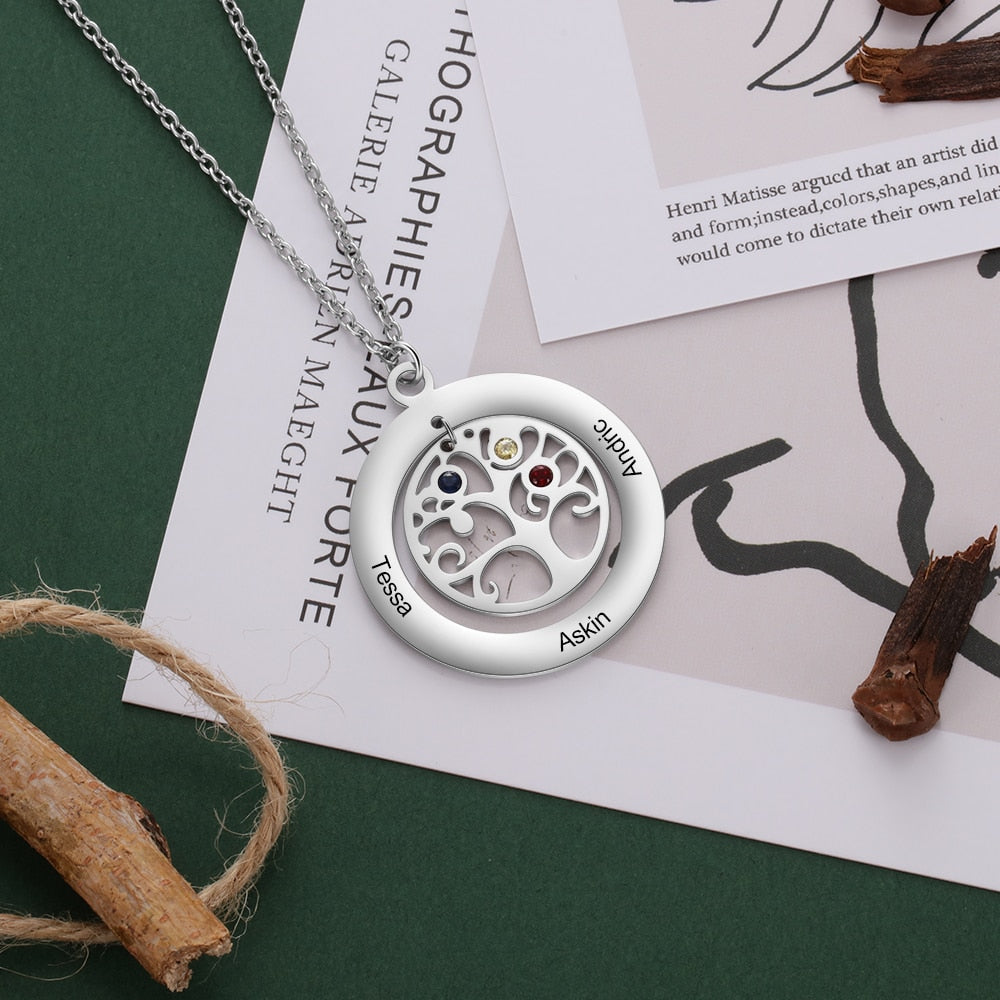Tree of Life Name Necklace with Birthstone Name Engraved Pendant Family - MERGE.DAY.1.FREESTYLE