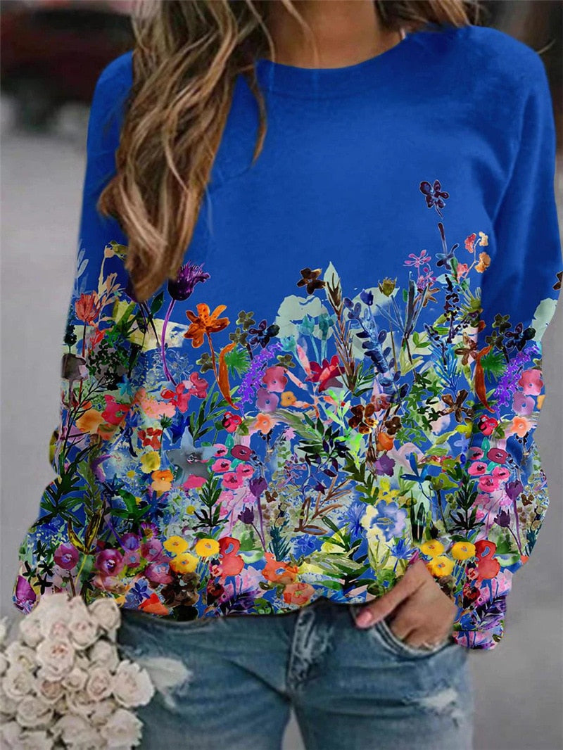 Women's Flower Print Top Loose Long-sleeved Round Neck Sweater All-match T-shirt - MERGE.DAY.1.FREESTYLE