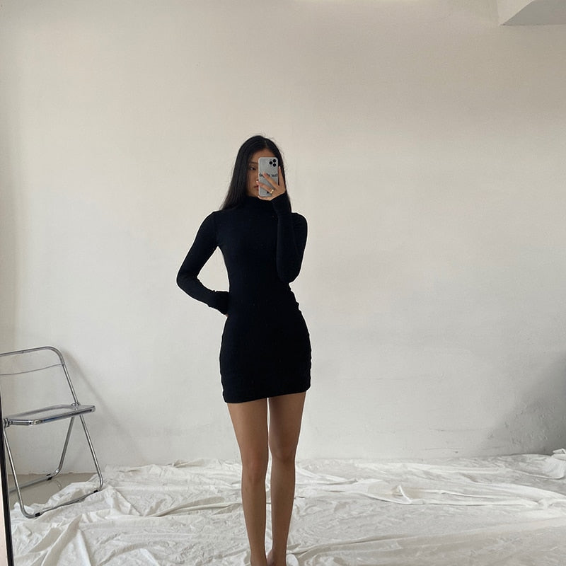 Spring Autumn Fashion Turtleneck Skinny Mini Dress Women Rib Knit Keep Warm Long Sleeve Dress - MERGE.DAY.1.FREESTYLE