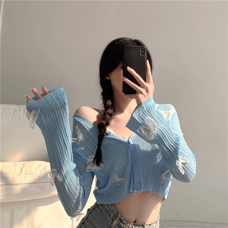 Butterfly Knit Cardigans Women V-Neck Crop Tops Ladies Summer Thin Long Sleeved - MERGE.DAY.1.FREESTYLE