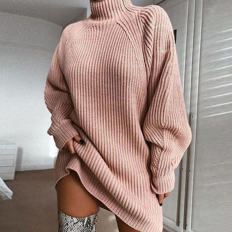 Women Turtleneck Oversized Knitted Dress Solid Long Sleeve Casual Elegant Mini Sweater Dress Plus Size - MERGE.DAY.1.FREESTYLE