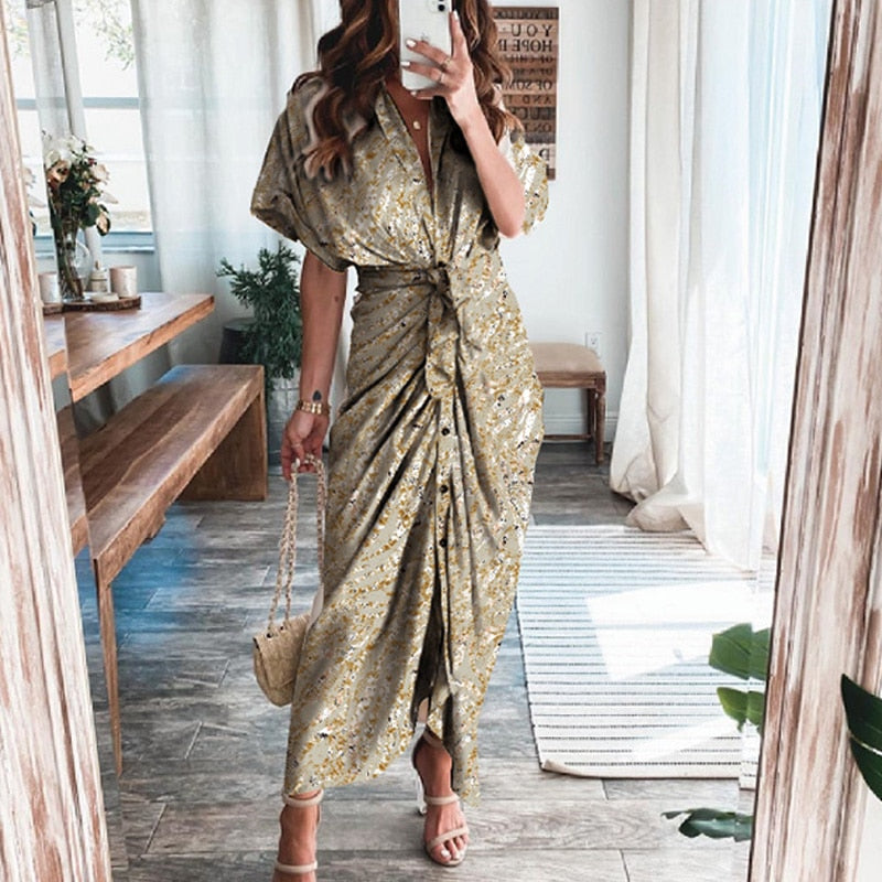 Women Summer Short Sleeve Slit Long Dress Turn-down Collar Elegant Button Draped Party Dresses - MERGE.DAY.1.FREESTYLE