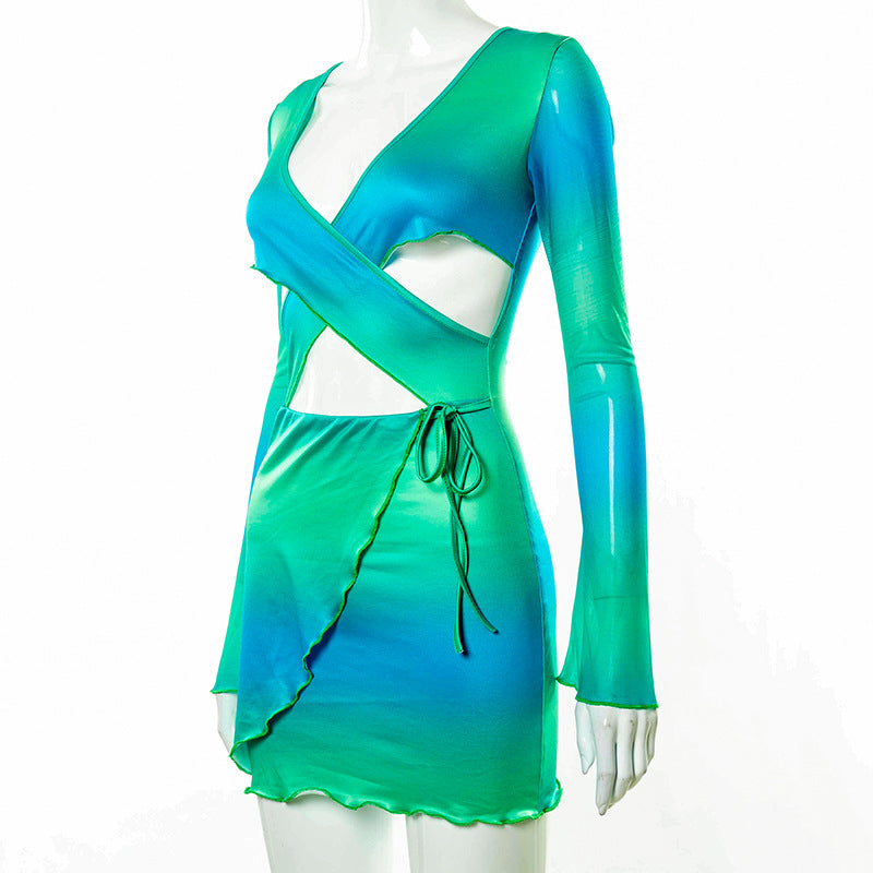 Sexy Tie Dye Bodycon Mini Dress Women Hollow Out Long Sleeve Mesh Skinny Summer 2022 - MERGE.DAY.1.FREESTYLE