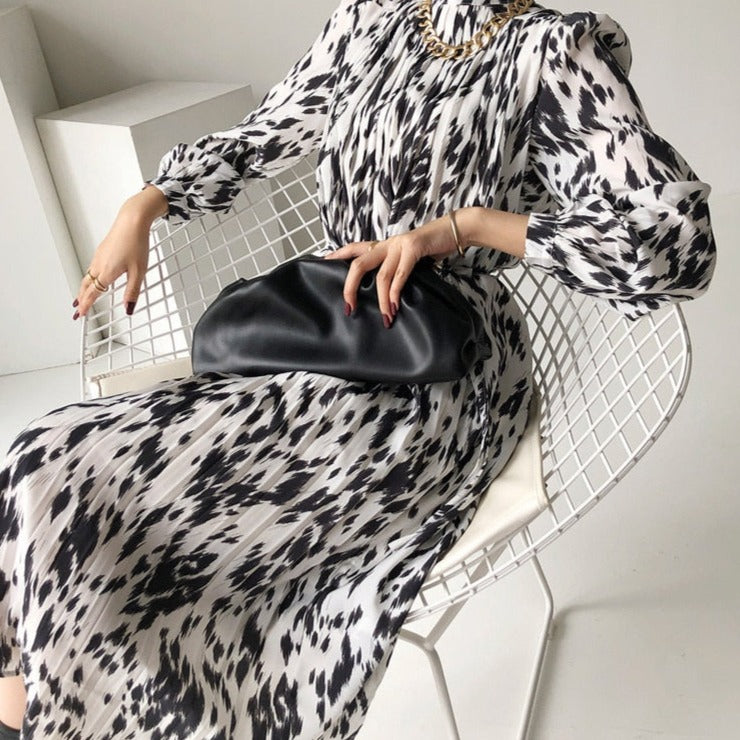Full Sleeve Dress Elegant Hit Color Female Lace-up Printed Midi Dress Vestidos - MERGE.DAY.1.FREESTYLE