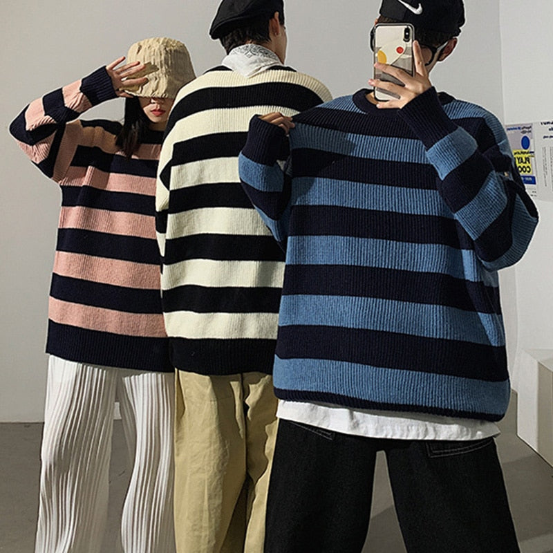Autumn Winter Knitted Striped Sweater Casual Oversized Pullovers Sweaters - MERGE.DAY.1.FREESTYLE