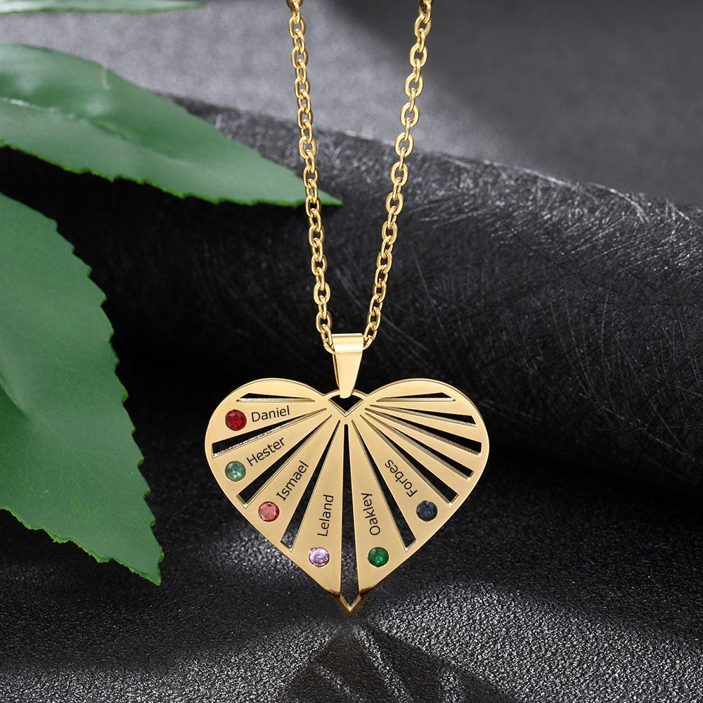 Personalized 6 Birthstones Necklaces for Women Custom Name Heart Stainless Steel Pendant - MERGE.DAY.1.FREESTYLE
