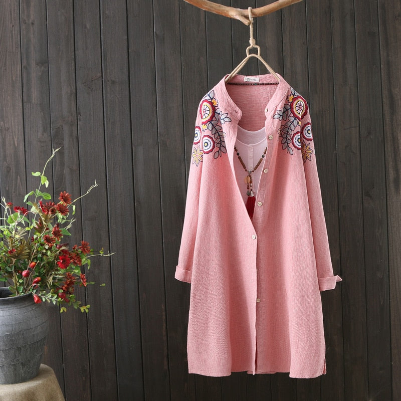 Women White Shirt 100% Cotton Embroidery Long Sleeve Button Up Blouse Loose Office Top - MERGE.DAY.1.FREESTYLE