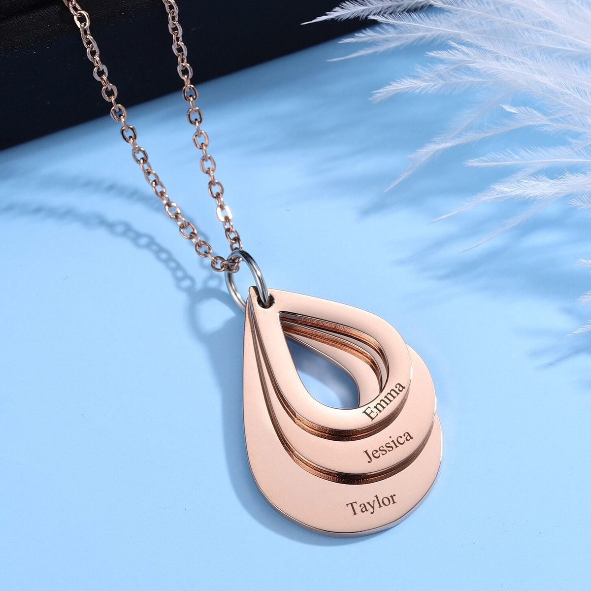 Personalized Name Necklaces Customized Engraved 3 Names Necklace Water Drop Shape Charm - MERGE.DAY.1.FREESTYLE