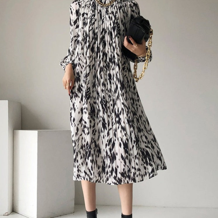 Full Sleeve Dress Elegant Hit Color Female Lace-up Printed Midi Dress Vestidos - MERGE.DAY.1.FREESTYLE