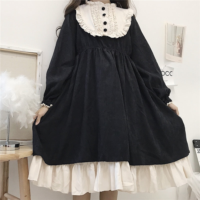 Japanese Style Women'S Dresses O-Neck High Waist Slimming Contrast-Color Ruffled Sweet Lolita Dress Kawaii - MERGE.DAY.1.FREESTYLE