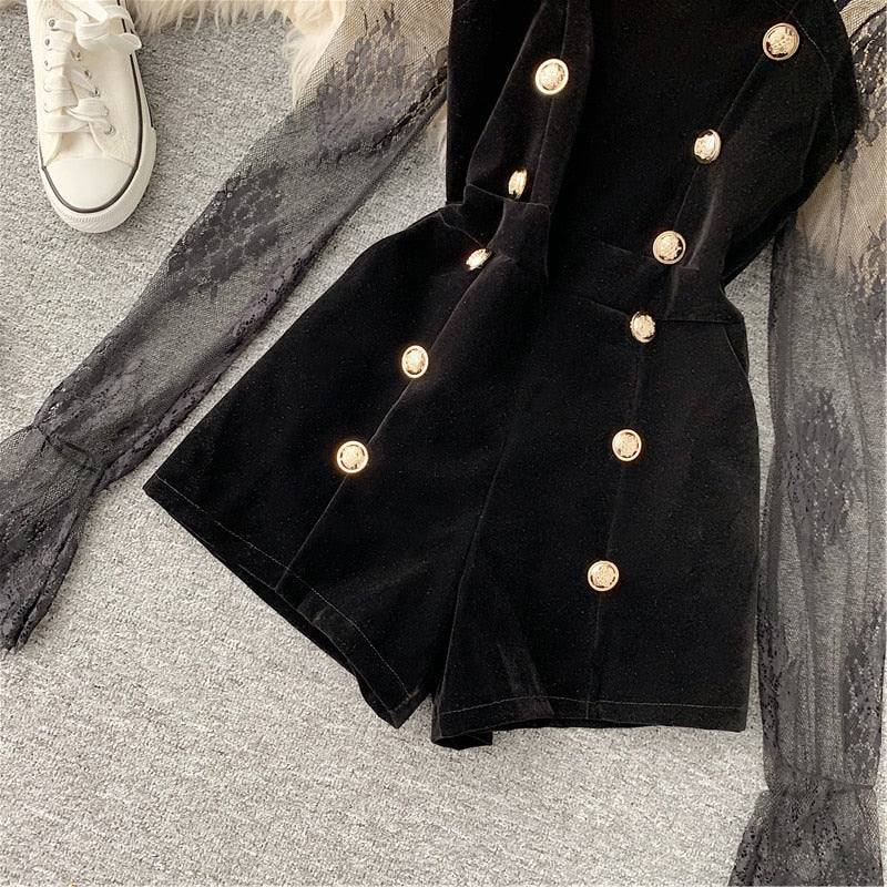 Long Sleeve Lace Embroidery Shirt Women Double Breasted Playsuits Slim Velvet Jumpsuits - MERGE.DAY.1.FREESTYLE
