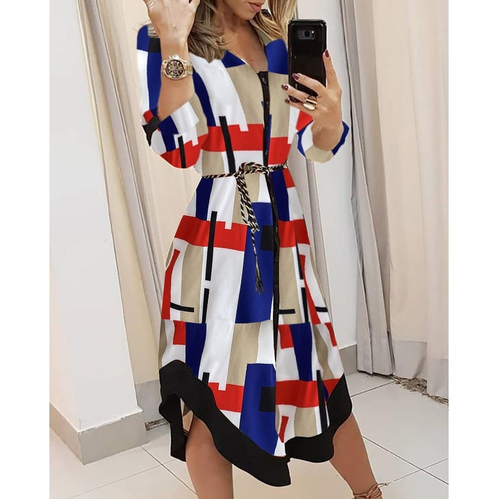 Spring Summer Lady Cover Up Women's Shirt Dress Wave Print Long Sleeve V-Neck Casual Dress Plus Size - MERGE.DAY.1.FREESTYLE