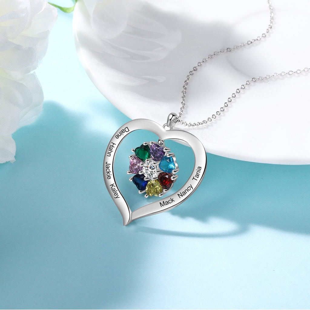 Personalized Heart Name Necklace with 1-8 Engraving Birthstone Pendant - MERGE.DAY.1.FREESTYLE