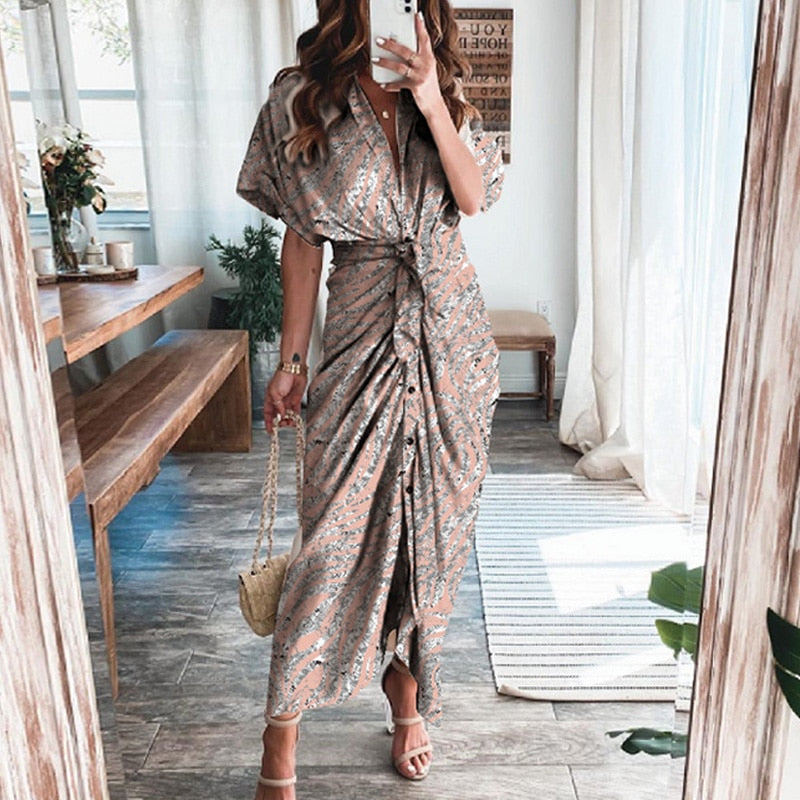 Women Summer Short Sleeve Slit Long Dress Turn-down Collar Elegant Button Draped Party Dresses - MERGE.DAY.1.FREESTYLE