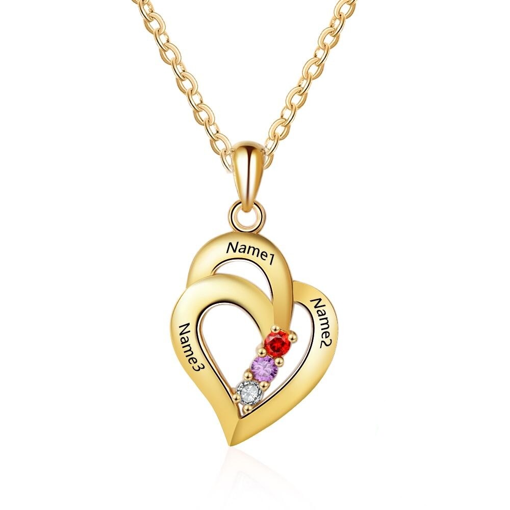 925 Sterling Silver Mothers Necklace with 3 Birthstones Romantic Name Heart Pendants - MERGE.DAY.1.FREESTYLE