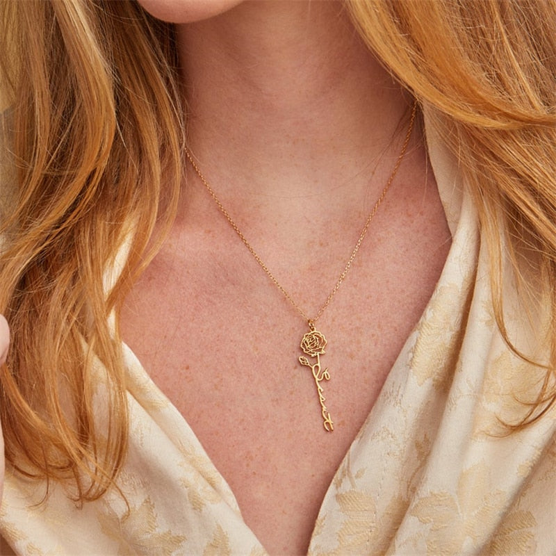 Custom Name Necklace Handwriting Style With Flower Personalized Name Jewelry - MERGE.DAY.1.FREESTYLE